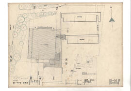 大島町立第一中学校・体育館; 資料名称:配置,屋根伏,敷地案内; 縮尺:1:200